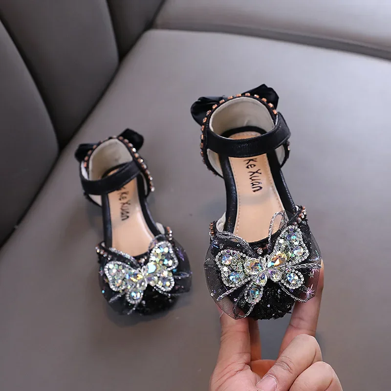 2024 New Kids Leather Shoe Sweet Chic Girl Princess Dress Flat Sandals Causal Versatile Children Fashion Walking Shoes Non-slip