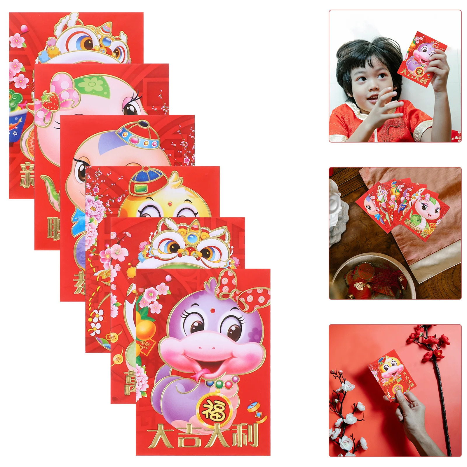 

60Pcs Lucky Money Envelopes Red Chinese New Year Festival Cartoon Snake Design Large Capacity Cash Holder Decorative Red Packets