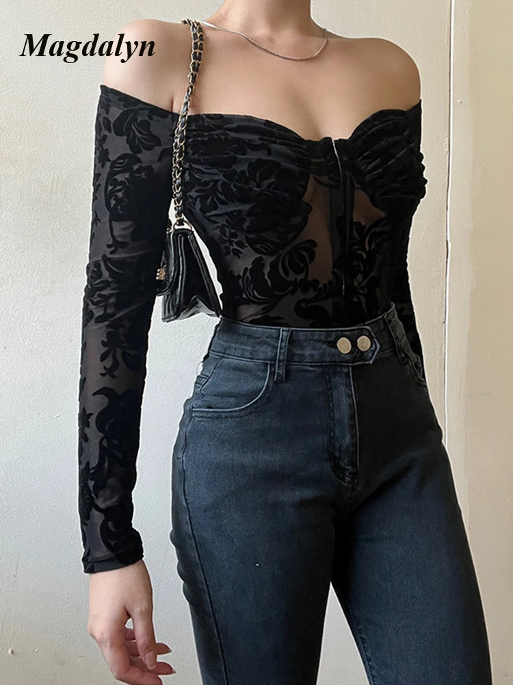 Magdalyn Luxury Elegant Women\'s Overalls Black Floral Print Lace Combination Female Jumpsuit Off Shoulder Sexy Hot Party Rompers