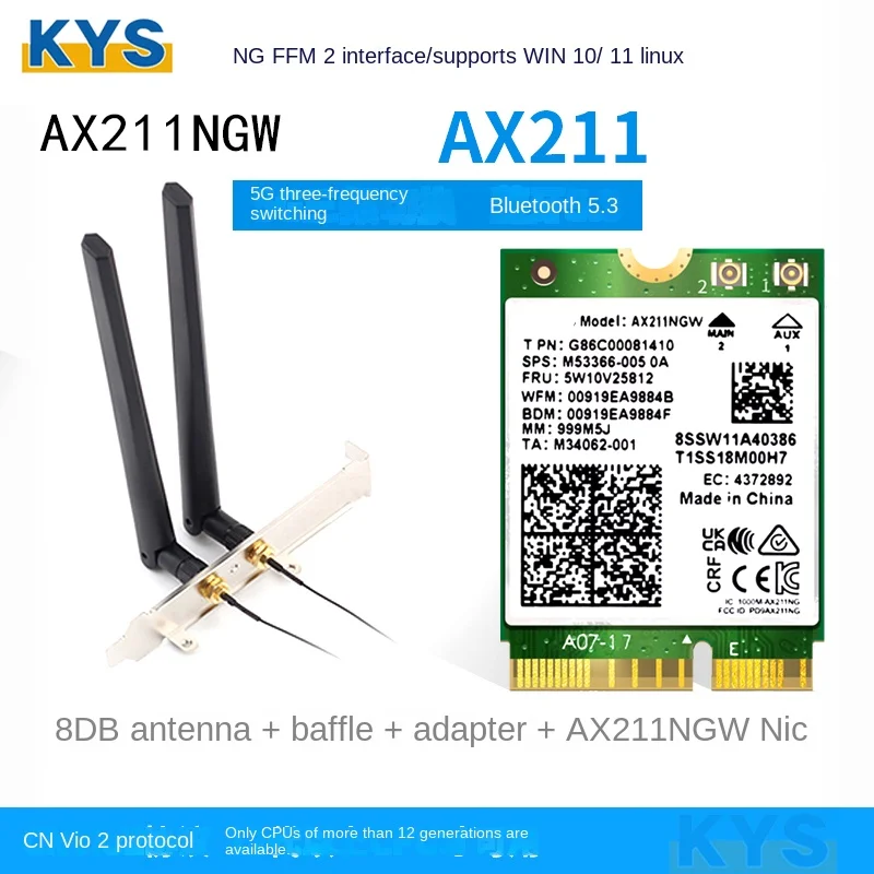 AX211NGW Tri Band 2.4G/5G/6Ghz Wireless Network Wifi Card Adapter WiFi 6E For BT 5.3 Intel AX211 M.2 Key E CNVio2 2400Mbps win10