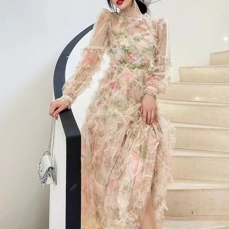 

Элегантная длинная юбка с высокой талией, цветочным принтом и тюлевыми вставками, плотная, премиум-класса, весна-лето, новая модная коллекция.