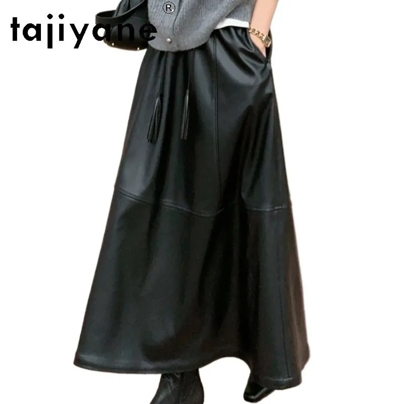 TAJIYANE Sheepskin Genuine Leather Skirt Women's Skirts Slimming Umbrella Skirts for Woman Black Elastic Waist Maxi Skirt 2026