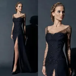 Haute Couture Black Lace Arabic Evening Gowns Dresses Beads High Split Mother Of The Bride Dresses For Weddings Vestido