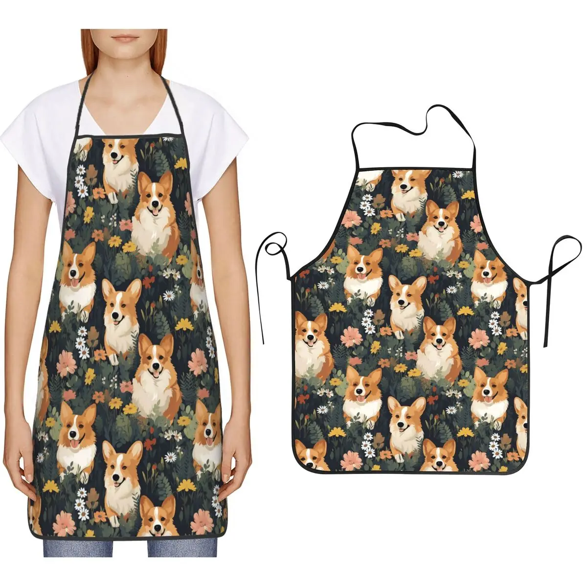 

Jolly Corgis In Green Pattern Aprons Chef Cooking Cuisine Tablier Bib Kitchen Cleaning Pinafore for Women Men Painting