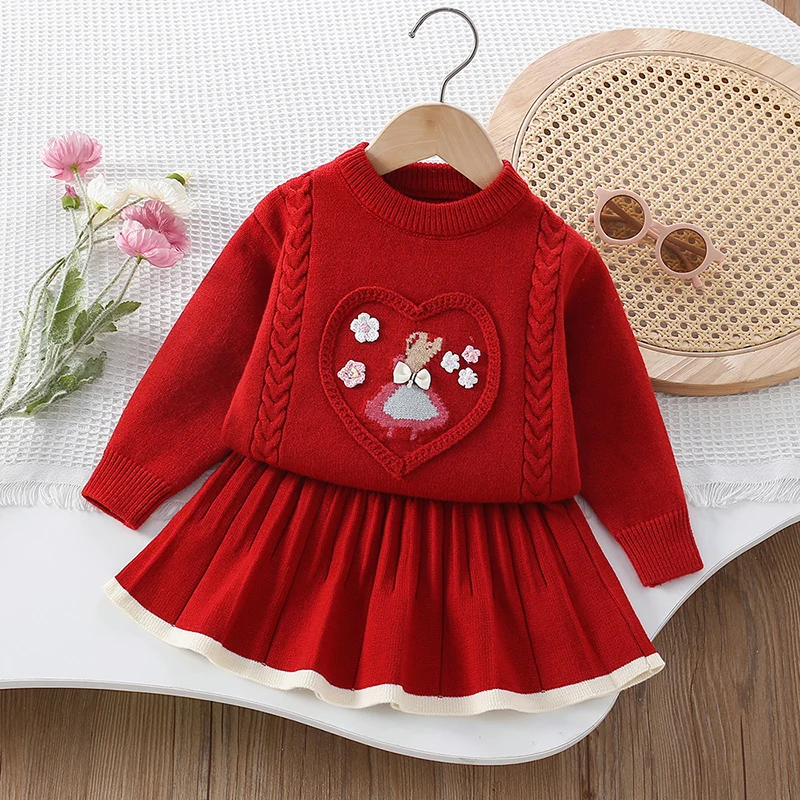 2026 New Spring 2-6Yrs Baby Girls Clothing Set Long Sleeved Knitted Pullover Sweater+Short Skirt Children Knitted Clothes Suit