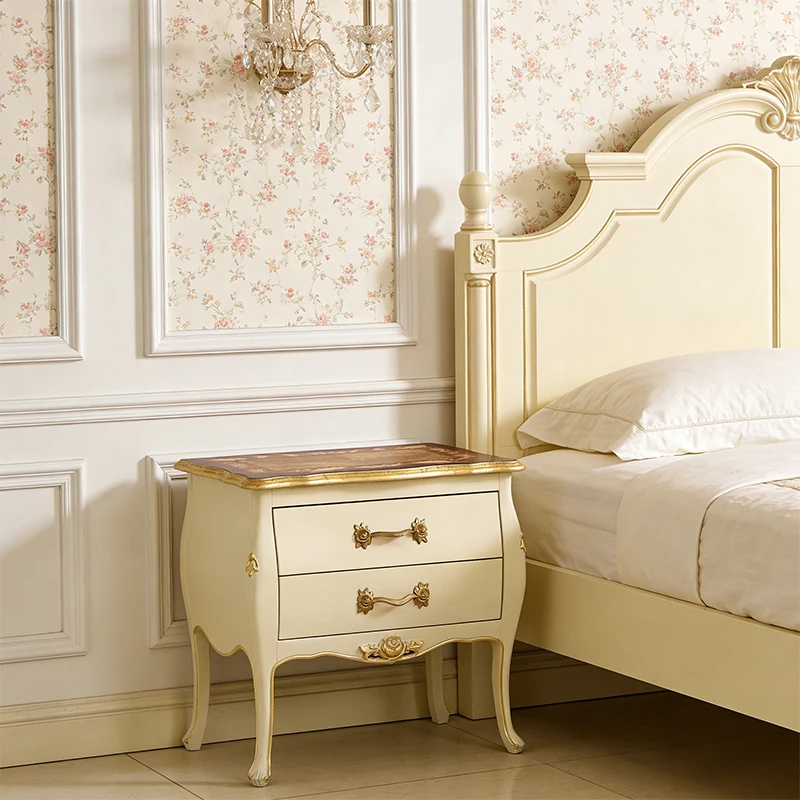 

!@French Style Handcrafted Gilded Hardware Bedroom Nightstand White Solid Wood Mid Century Bedside Table With Drawer