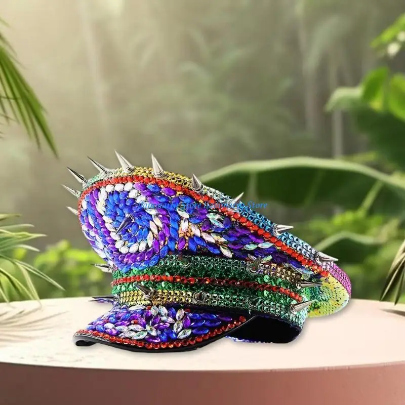 573B قبعة بحرية متلألئة مع أحجار الراين قبعة دش الزفاف العازبة حفلة برشام رصع الكابتن قبعة المرأة صور قبعة