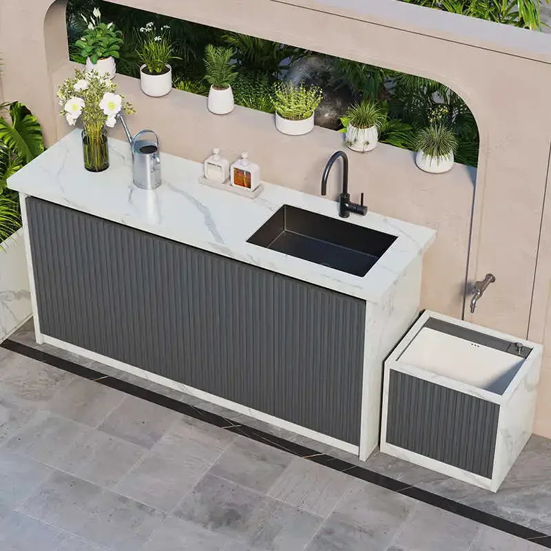 All-aluminum outdoor courtyard grille cabinet, rock slab hanging under the balcony sink integrated cabinet customization