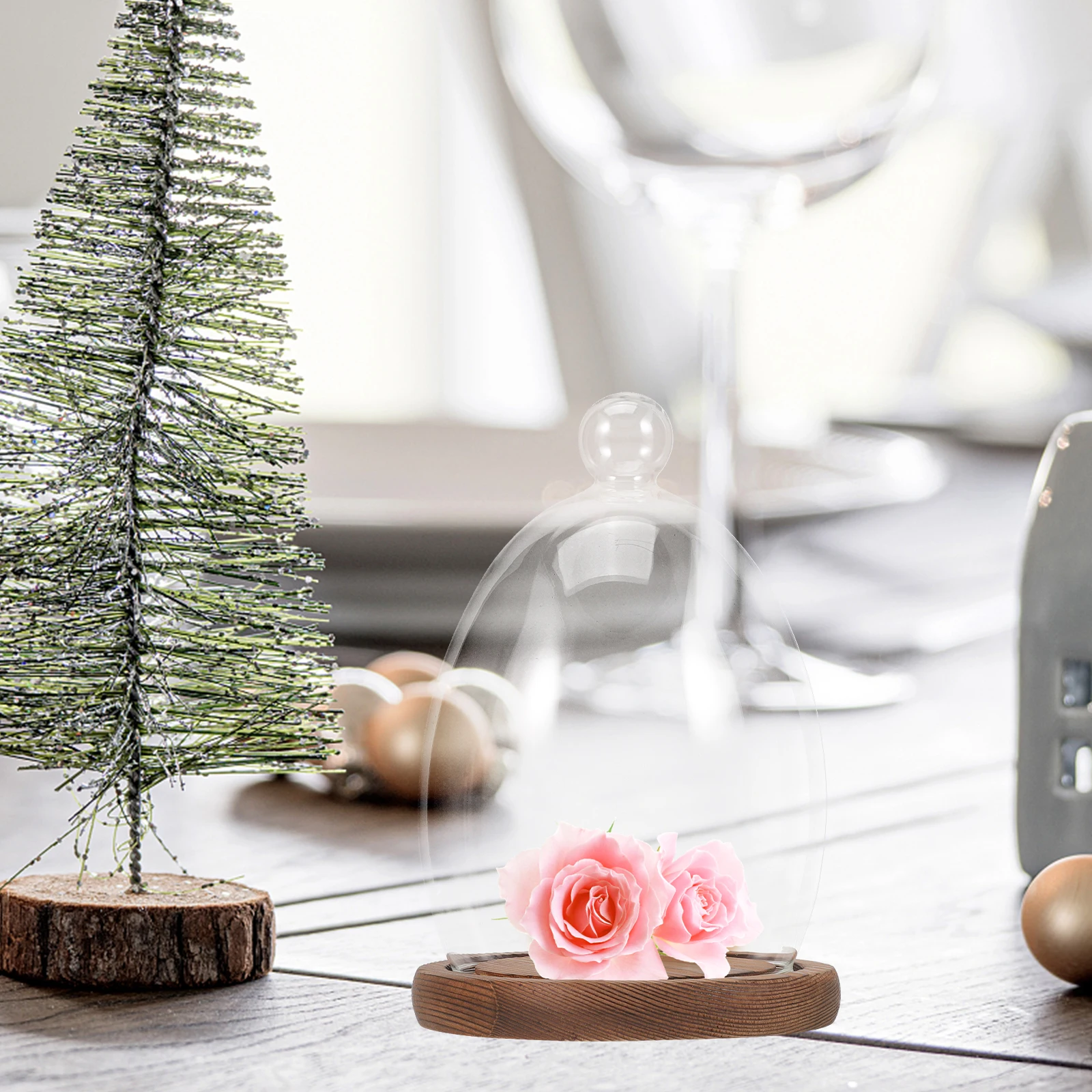 

Delicate Transparent Dome Eternal Flower Cover With Wood Base Preserved Flower Display Decor Micro Landscape Glass Cover Clear