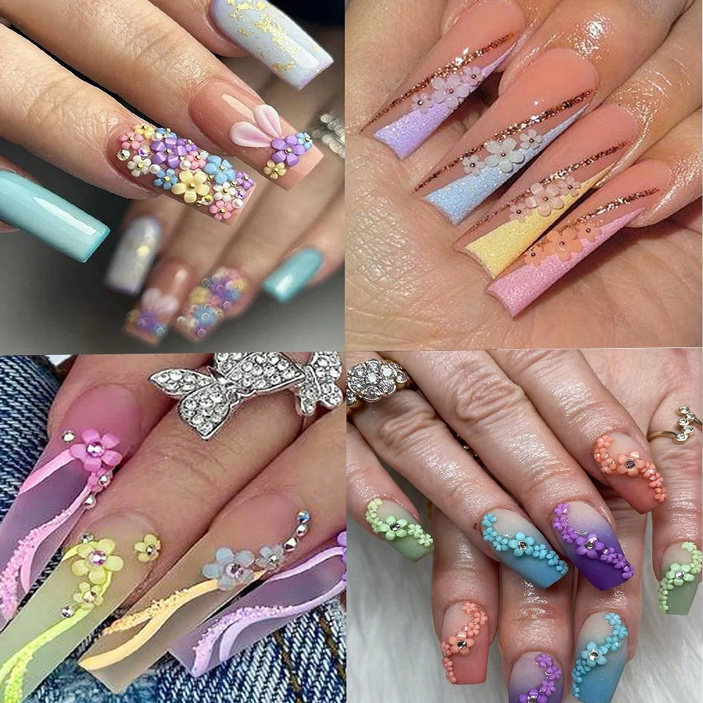 12 vigas 3D coloridas flores acrílicas para uñas con perlas mezcladas cuentas de Caviar lindo 5 pétalos florales DIY gemas para uñas suministros para uñas