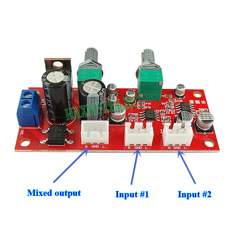 Two Channel Stereo Audio Signal Mixer NE5532 Preamplifier Mixing Board 2 Way Input 1 Way Mix Output AC/DC Single Power Supply