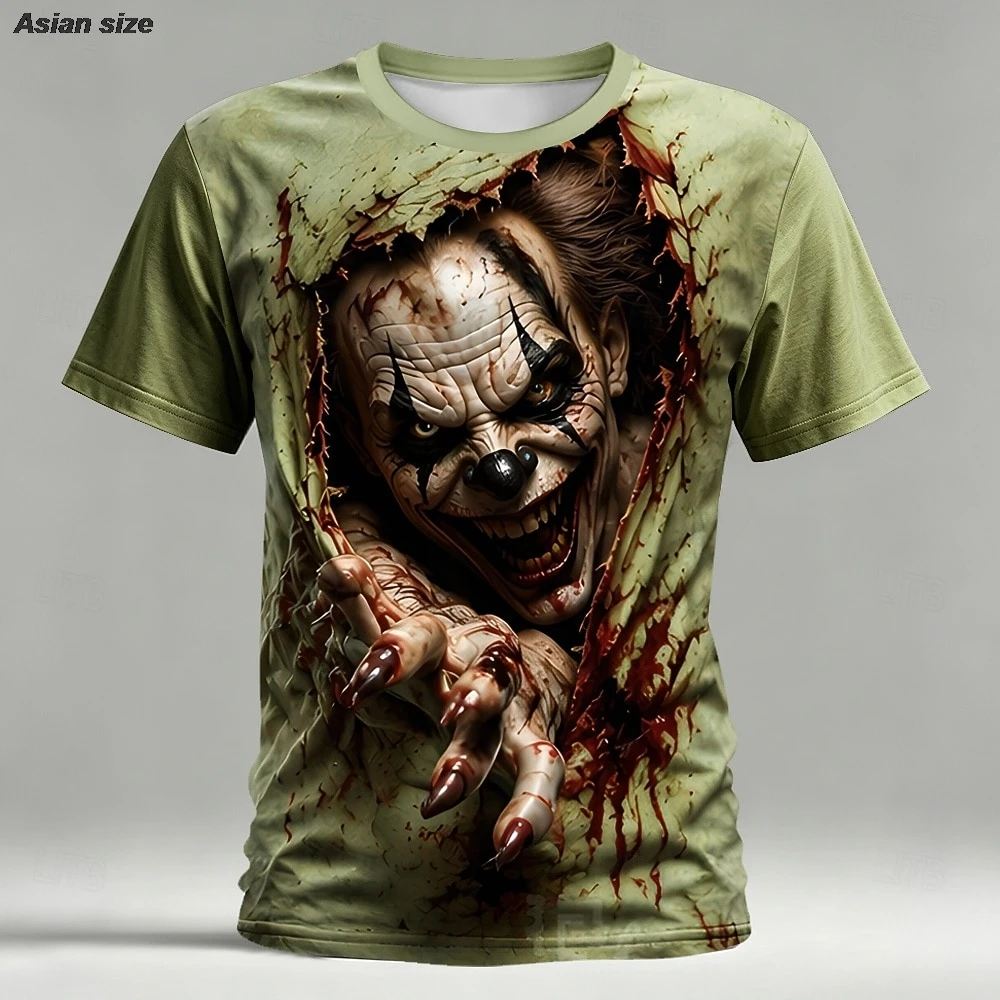 Halloween Men's Optical Illusion Creepy Clown 3D T Shirt Short Sleeve Crew Neck  Horror Club Party Streetwear