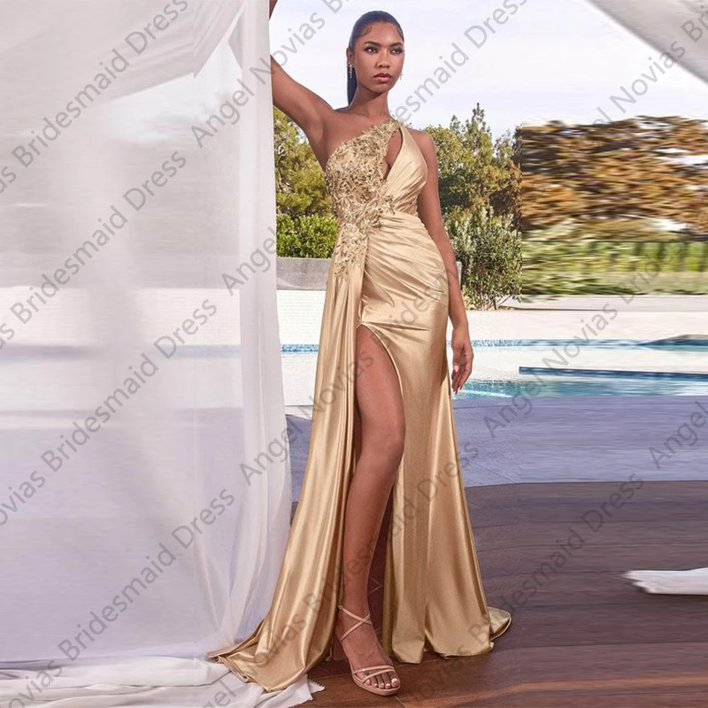 Aangepaste een schouder champagne sexy zeemeermin bruidsmeisjekleding met split formele feestjurk vestidos de boda para fiesta