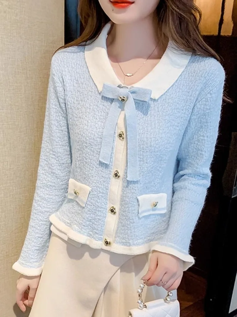 New autumn bow small fragrant style cardigans chic top small and age reducing knitted base shirt women's ruffle edge