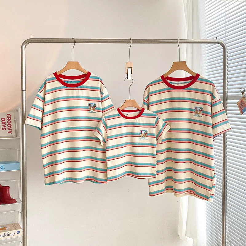 Family Cotton Tee Shirts Summer Parent-child Clothing Father Mother and Daughter Son Cotton Short Sleeve T Shirts Striped  567