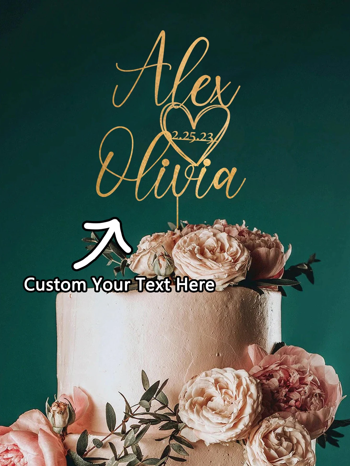 قطعة علوية مخصصة للكيك - قطعة واحدة من اسم اللمعان المعدني PMMA المخصص والتاريخ المنقوش بالليزر DIY لأعياد الميلاد والحفلات والمواصفات