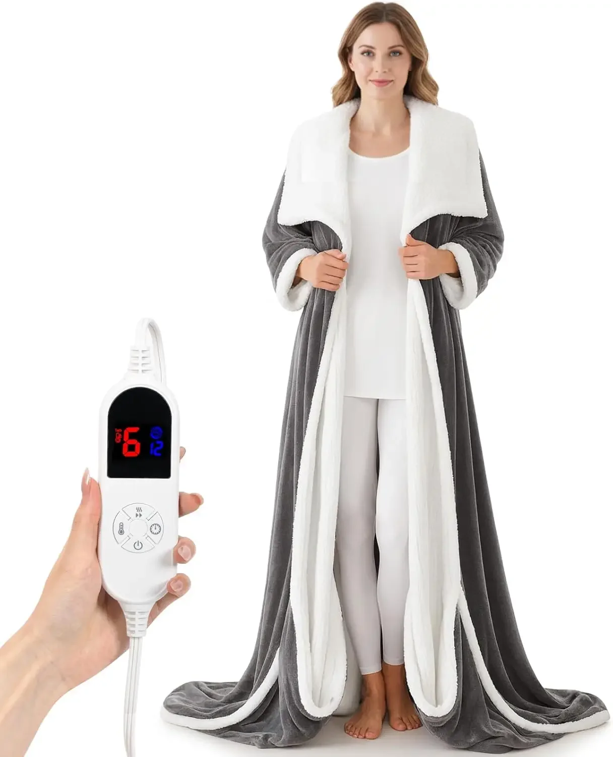 

Wearable Heated Blanket with Foot Pocket, 52"x72" Electric Blanket with Sleeves for 6 Heat Settings, 12 Hours Timer, Flannel & S