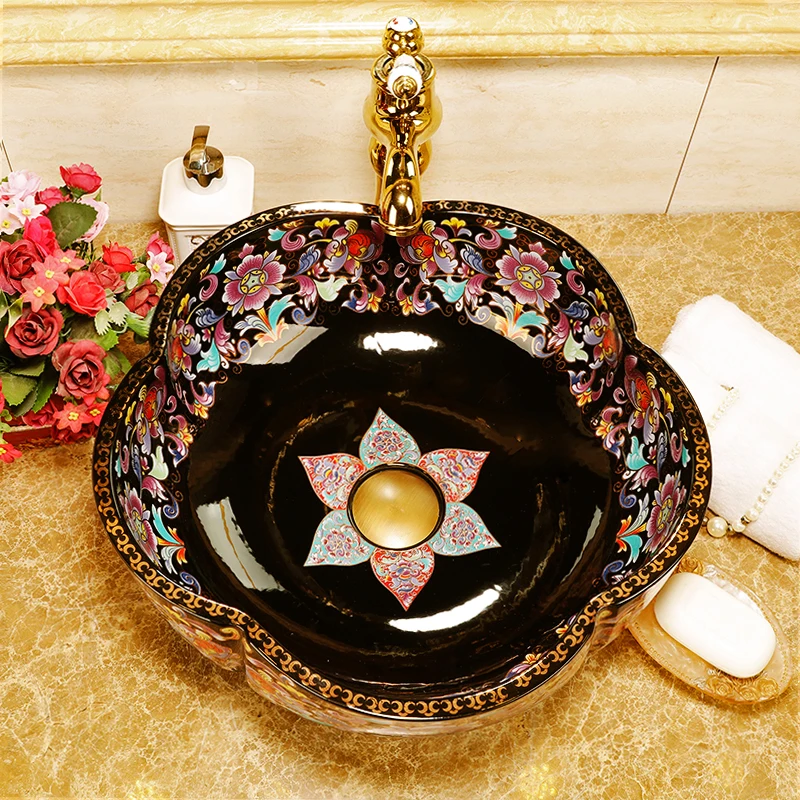 China Artistic Handmade Ceramic wash basin Round Counter top wash hand basin porcelain flower shape black bathroom sinks