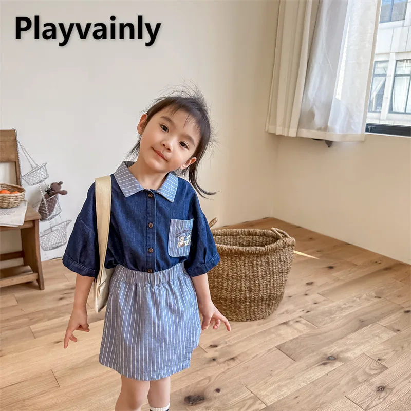 

Baby Girls and Boys Summer Short Sleeve Shirts Stripe Turn-down Collar Blue Black Denim Cartoon Shirts Children Clothes A23256