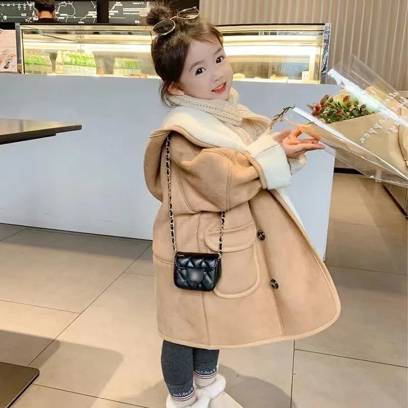 Winter Kids Thick Faux Leather Jacket Coat for Boys Girls Khaki Hooded Long Warm Overcoat Toddler Children Velvet Outerwear Coat