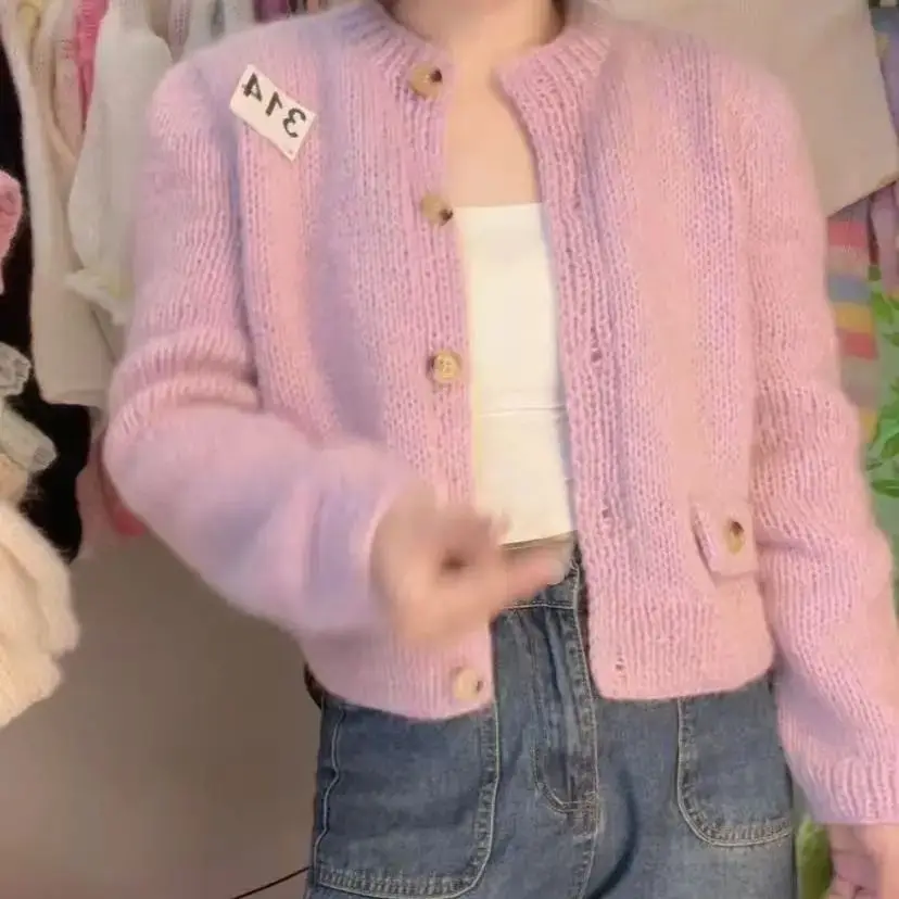 

Women's versatile slim fit mohair sweater long sleeved jacket hand woven light pink purple short style gentle and feminine top