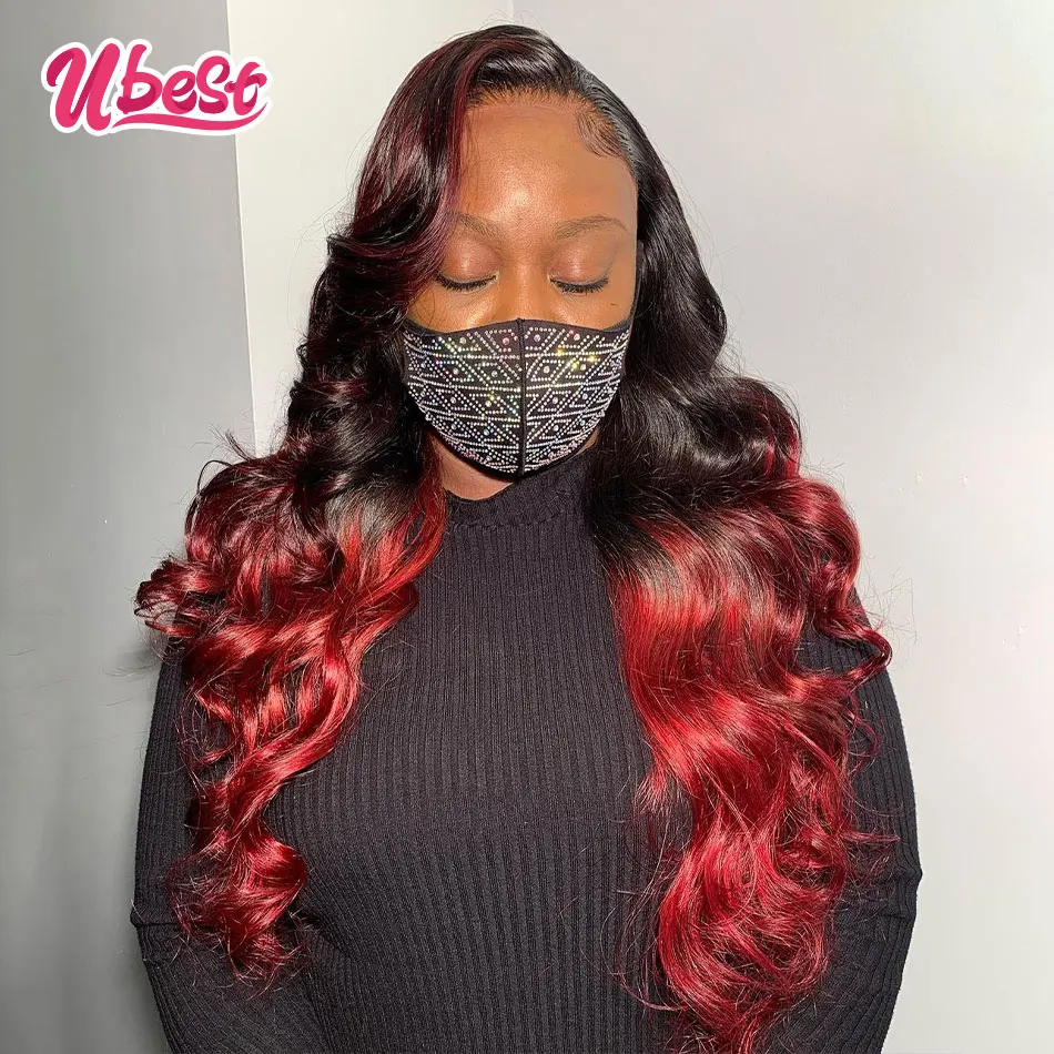 

Ombre Body Wave Lace Front Wig 13x4 Transparent Lace Frontal Wig Red Colored Human Hair Closure Pre Plucked Remy Wigs For Women