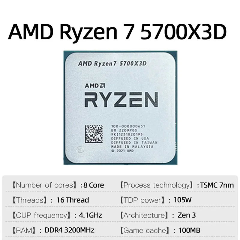 AMD RYZEN 7 5700X3D 100% Brand New CPU Gaming Processor 8-Core 16-Thread 4.1GHz 7NM 100MB Game Cache Socket AM4 Processor