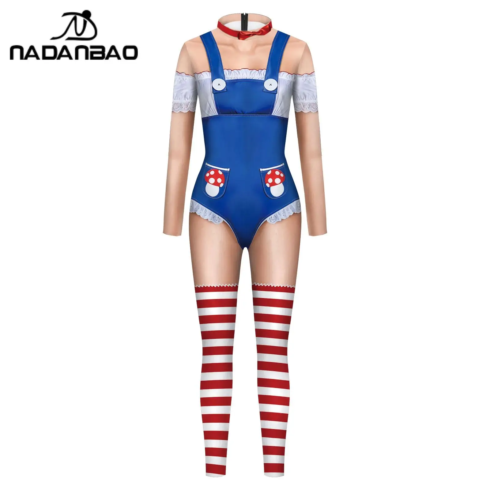Nadanbao Mushroom Stripes Print Women's Jumpsuit Long Sleeves Elastic Bodysuit Sexy Slim Zentai Halloween Game Cosplay Clothing