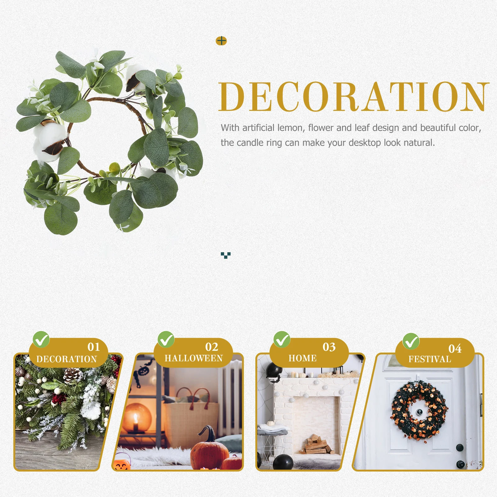 

Eucalyptus Leaf Cotton Flower Ring Minimalist Floral Wreath Spring Party Table Decor Artificial Rings