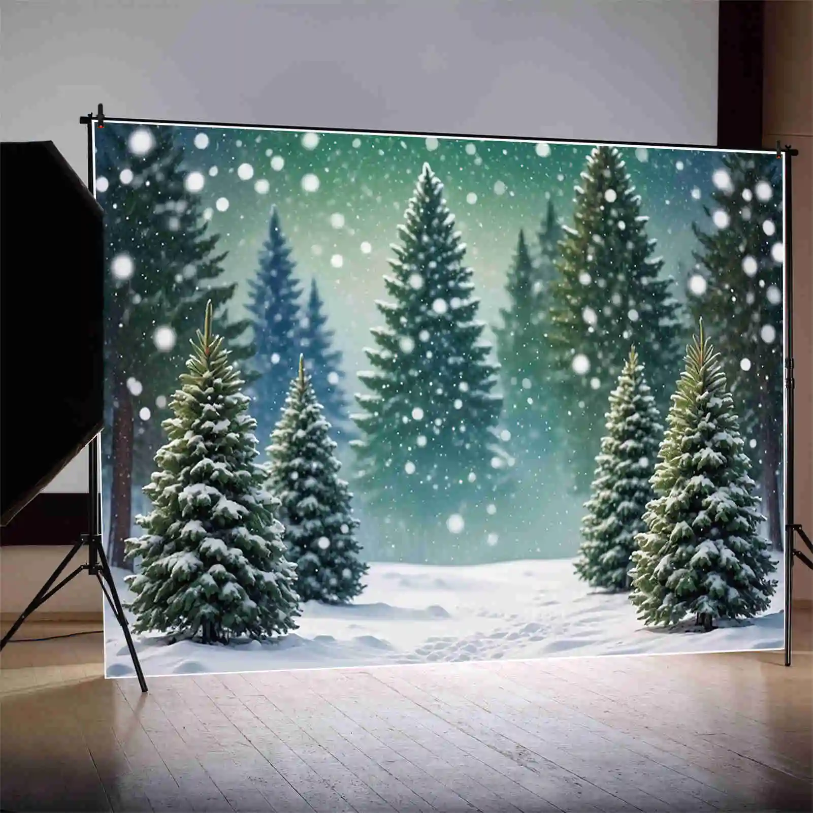 MOON.QG Christmas Trees Green Background Winter Pine Forest Snow Field Backdrops Custom Party Decorations Photo Zone Supplies