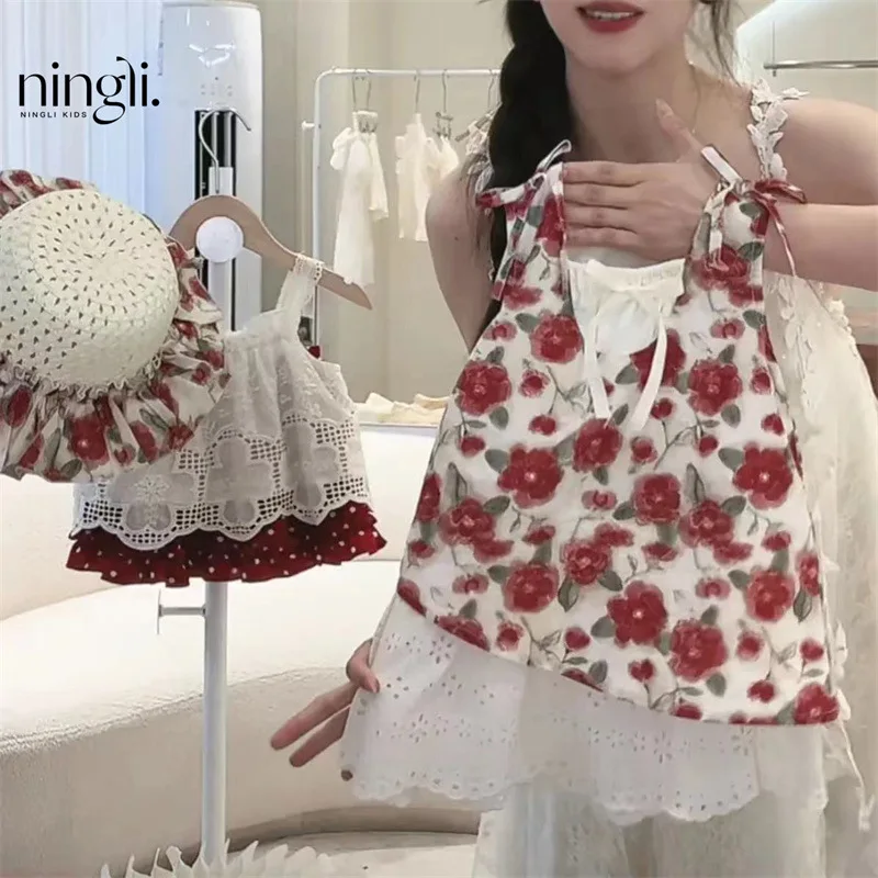 Girls Floral Slip Dress2024Summer New Children's Stitching Dress Baby Sweet Princess Skirt