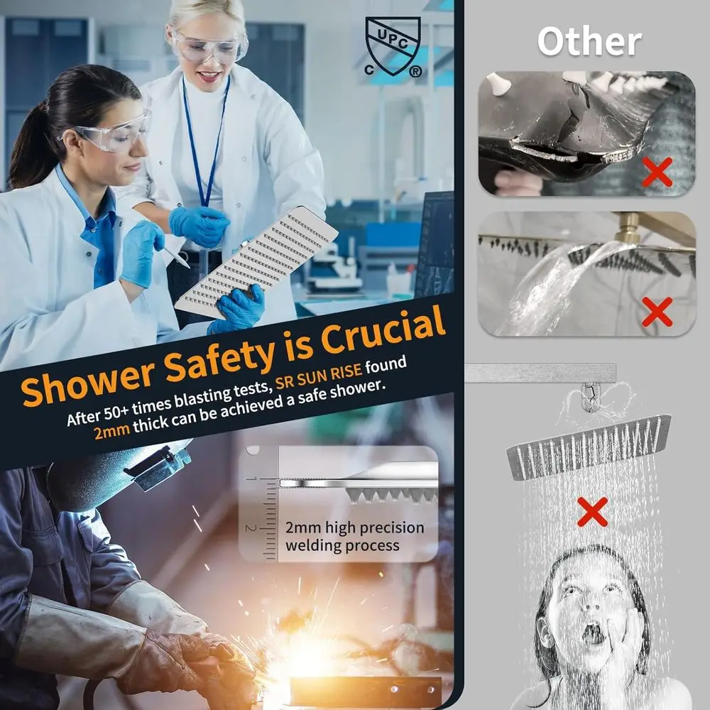 고급 벽걸이형 레인폴 샤워 시스템, 광택 크롬 마감, 내장형 밸브 및 트림 포함