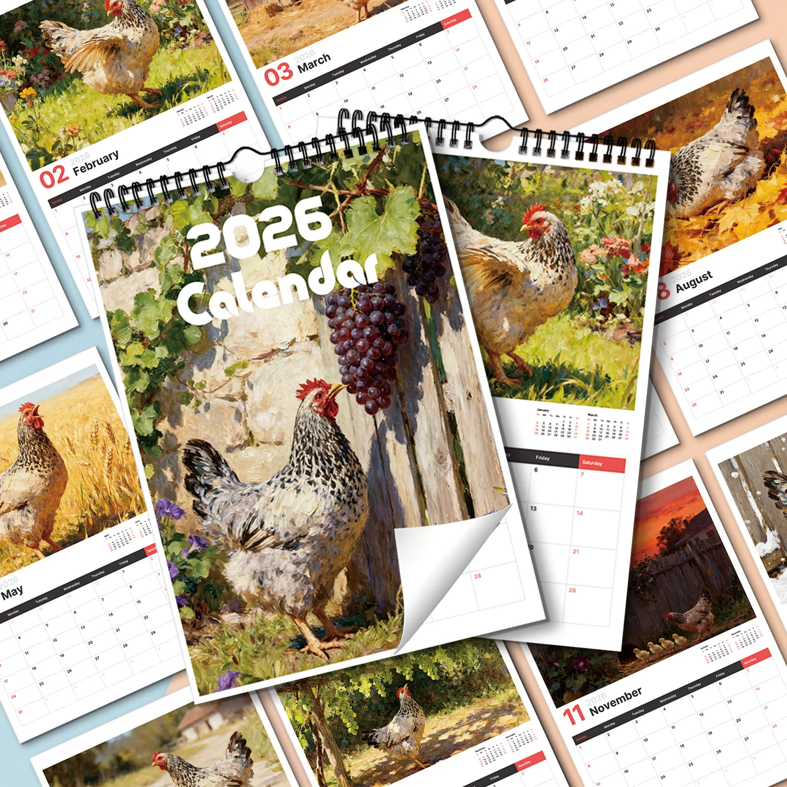 1PC 2026 Chicken-Themed Calendar,for Checking Dates, Home Decoration, As A Natural-style Gift for Friends