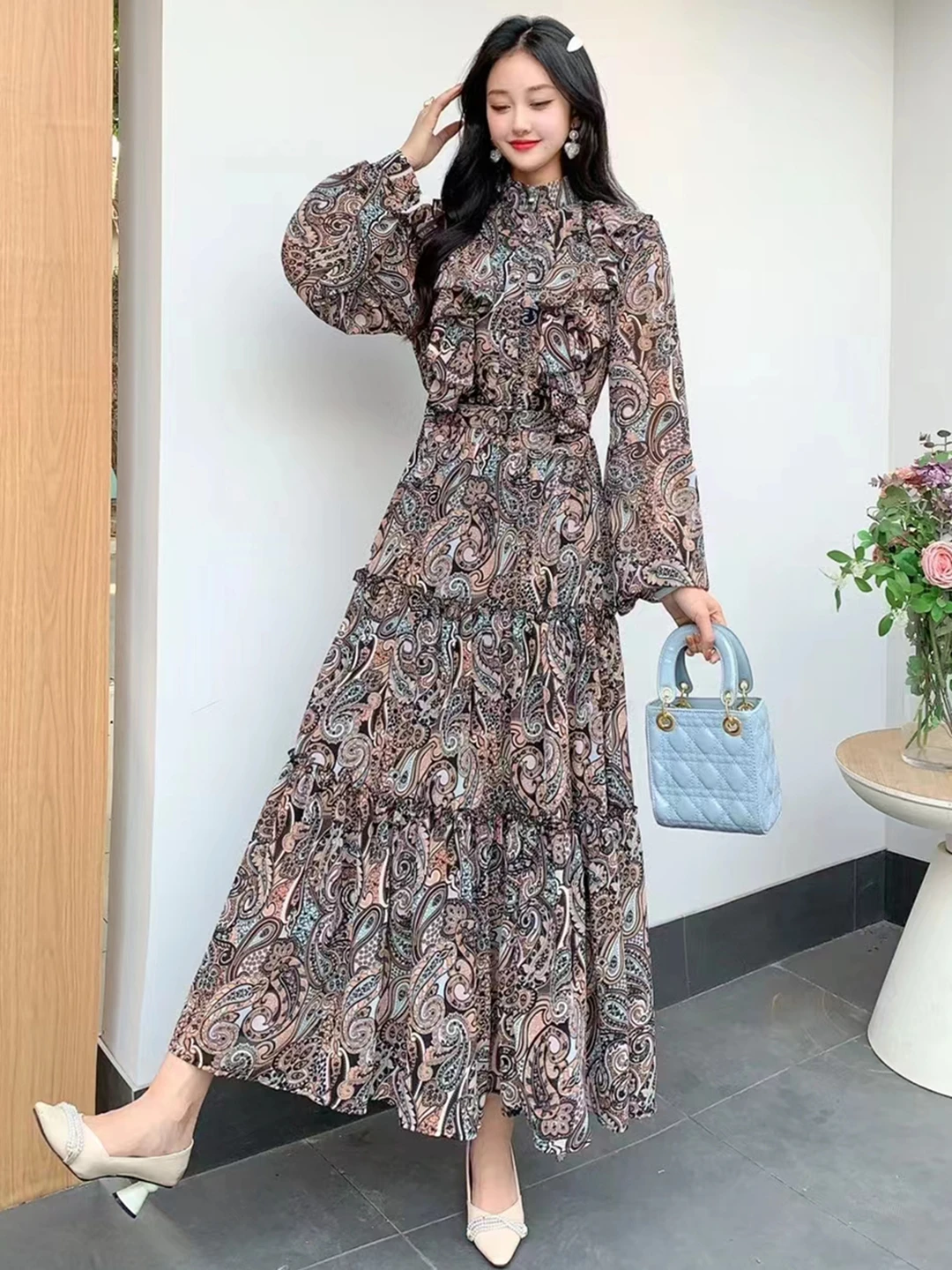 New Spring Autumn Women Long Sleeve Belt Slim Long Dress Elegant Retro Print Sweet Ruffles Patchwork Big Hem Chiffon Dress