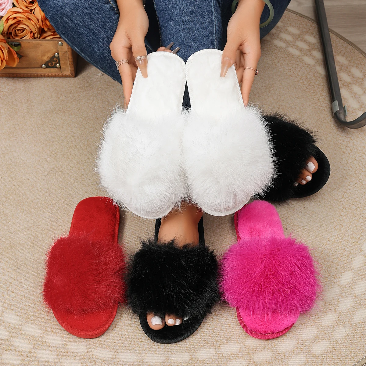 2026 New Women's Solid Color Plush Skin-friendly Comfortable Slippers Soft and Light Home Open-toed Slippers in Autumn Winter