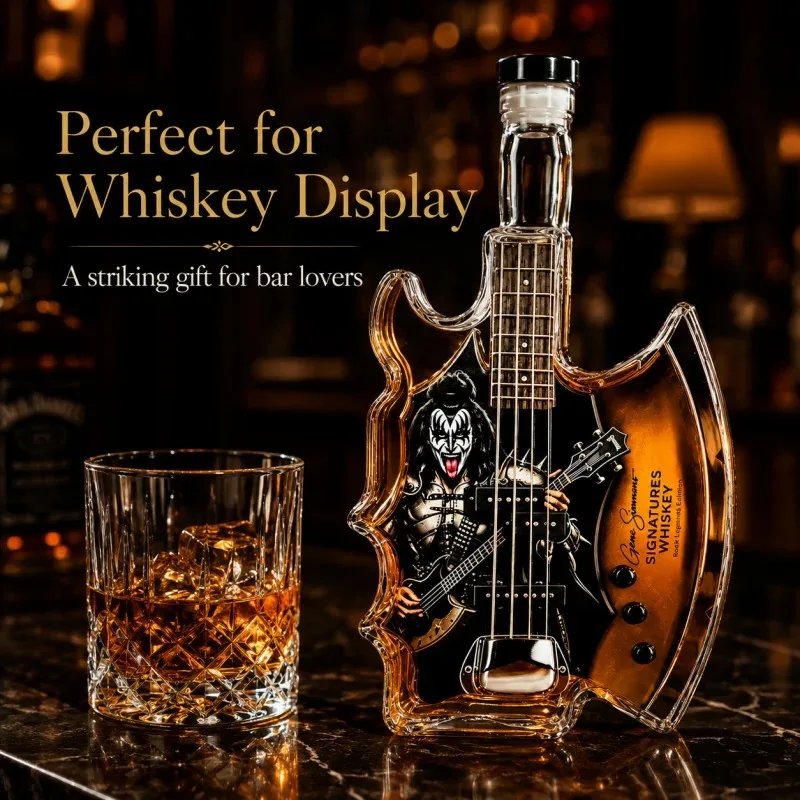 KISS Band Demon Axe – Gitarrenförmiger Whiskey-Dekanter, einzigartige Glasflasche für Spirituosen, Rockbar-Dekoration, Sammlerstück, Geschenk für Rockmusik-Fans – Detail 3