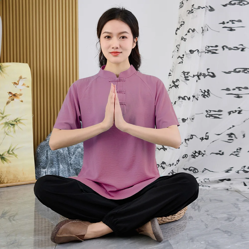 New Summer Tai Chi Uniform Top Loose Fit Pure Cotton Martial Arts Practice New Chinese Style Women's T-shirt Large Size view 5