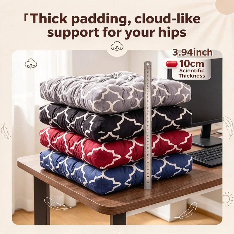 Short Plush Square Dining Chair Cushion 10cm Thick High Resilience Shredded Sponge Seat Pad with Non Slip Tie for Indoor 40x40cm