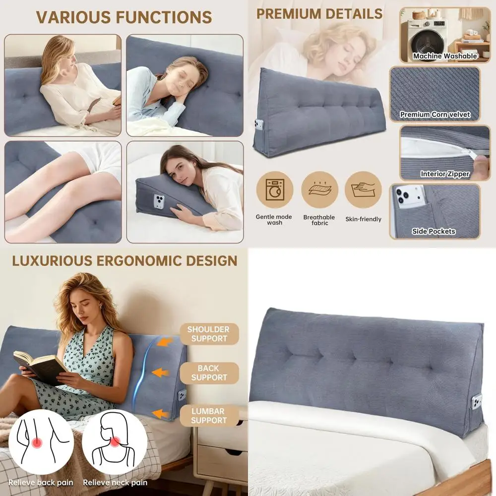 

King Size Bed Wedge Pillow for Dorms, Daybeds, Back Support, Sitting, Reading, Relaxing, Dark Grey