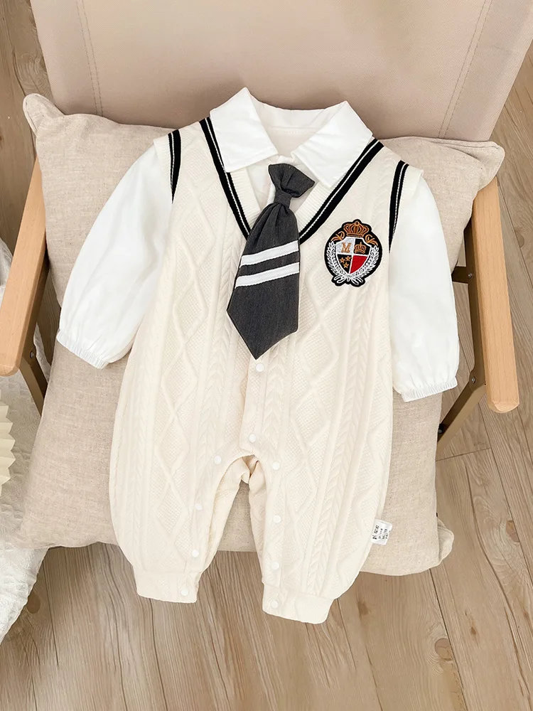 

Baby boy formal Clothing sweater romper Spring 2024 Baby boys Gentleman onesie jumpsuit with bowtie baby formal prince bodysuit