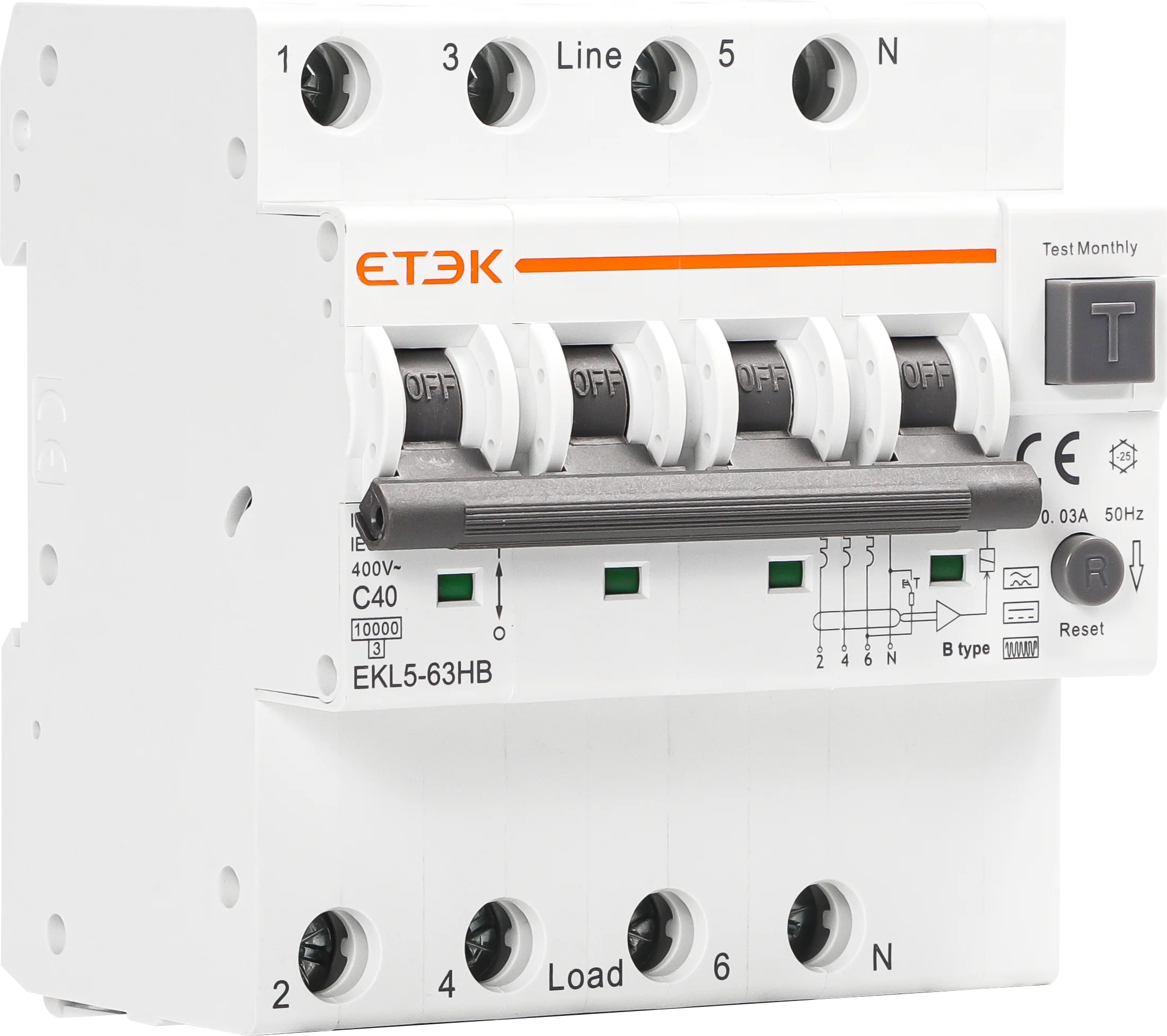 Interruptor automático residual do ETEC-RCBO, sobre a proteção atual do vazamento, tipo B, 10KA, 3P + N, 4P, 40A, 63A, 30mA, EKL5