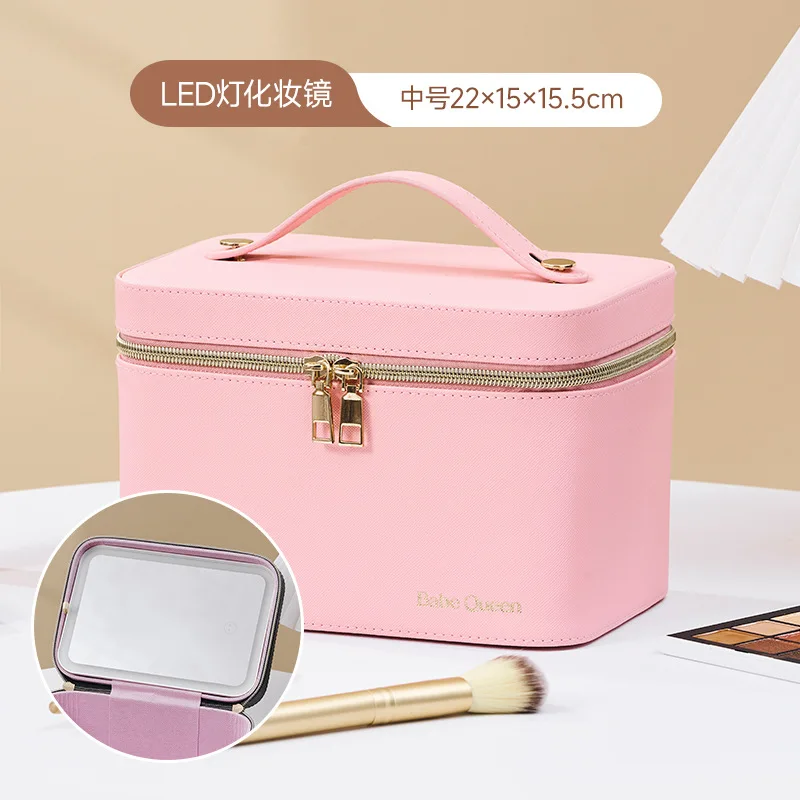 New LED Strip Light Mirror Makeup Storage Case, Portable Large-Capacity Professional Cosmetic Bag