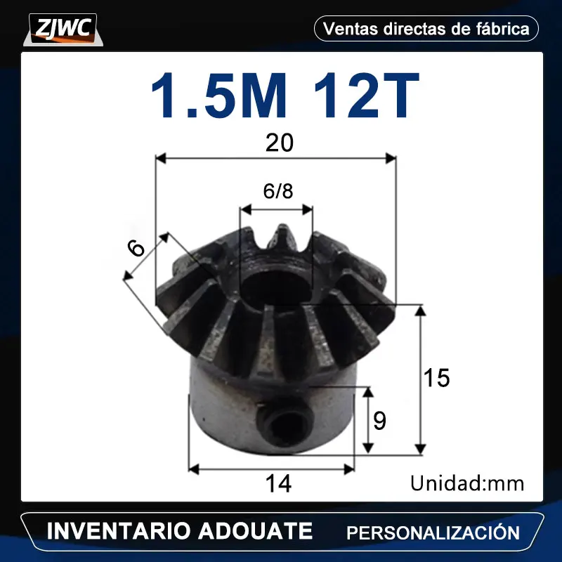 Engranaje Cónico de 1.5 Módulos y 12 Dientes, Orificio Interior de 6mm 8mm 45 #   Acero Endurecido para Reductores de Caja de Cambios y Maquinaria de Transmisión