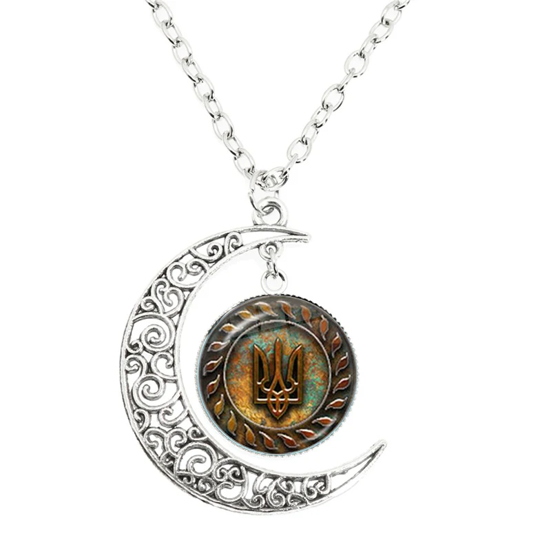 Ukraine Flag Moon Necklace Ukrainian Symbol Round Glass Pendant Necklace Give Women's Birthday Gift Jewelry