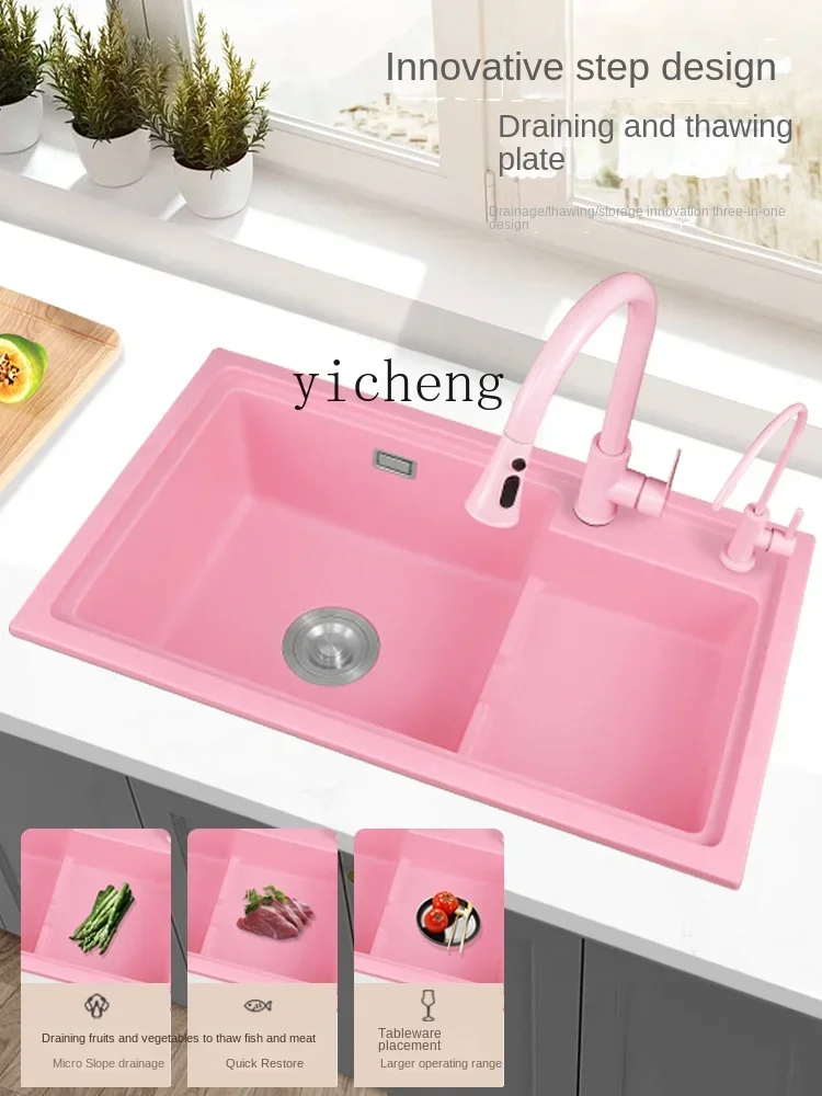 LYY  Pink Quartz Sink Big Single Drop-in Sink Washing Basin Domestic Sink