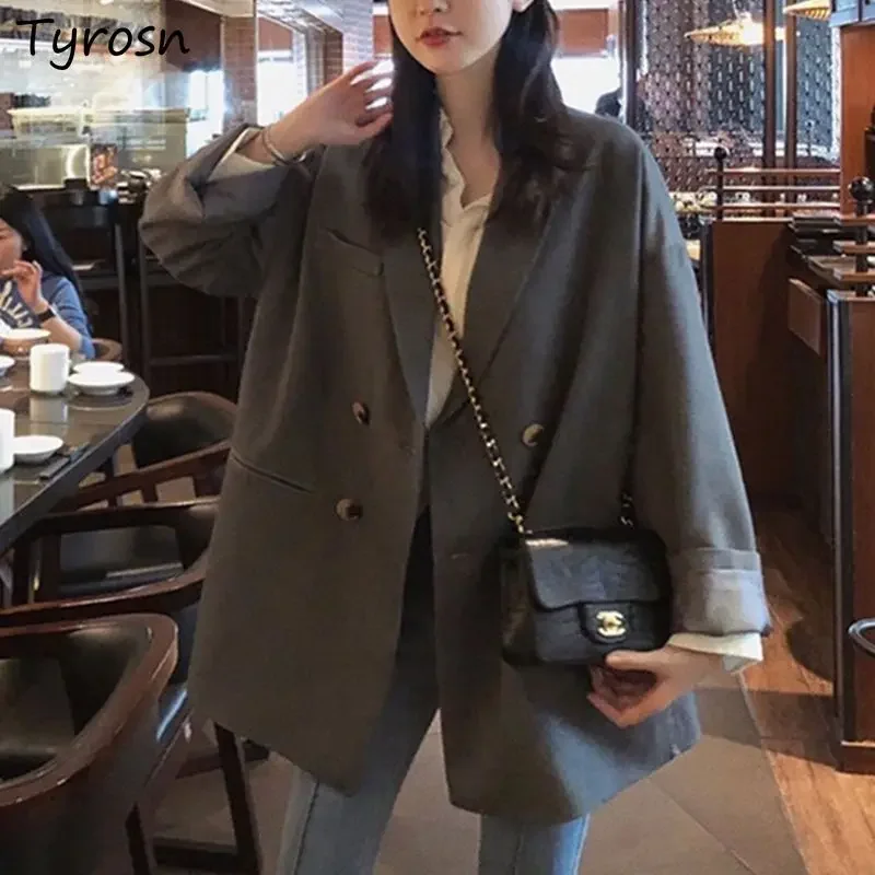 

Vintage Blazers Women Double Breasted Chic Loose Casual Solid Fashion All-match Korean Style New Autumn Streetwear Temperament
