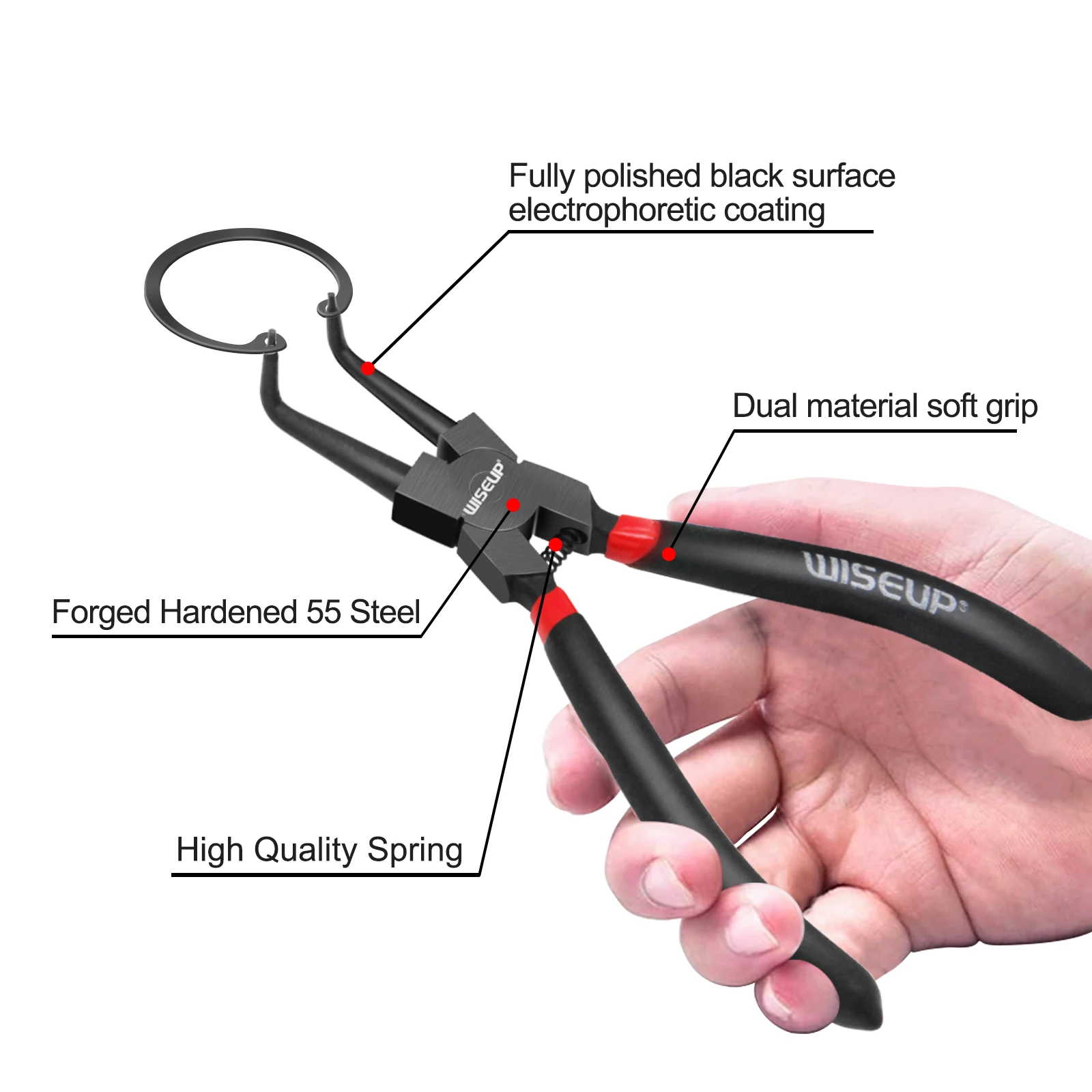 WISEUP  Circlip Pliers Internal Clamp Elbow Shaft 7-Inch Ring Remover Installation Tool Straight Curved Jaw Clamping