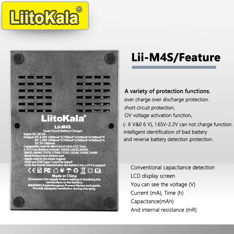 LiitoKala LCD Display Fast Charging Auto-Detect 18650/AA/AAA Multi-Protection USB-C Input Lii-M4S/M4 Smart Charger