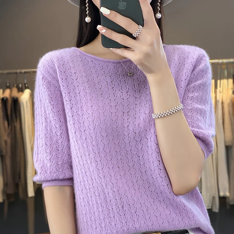 Summer 100% wool knitted pullover women's sweater T-shirt exquisite hollow short sleeved women's O-neck thin sweater hot selling