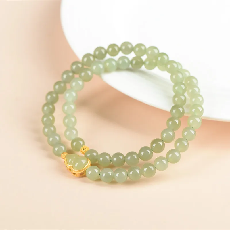 Natural Hetian Jade Bead Bracelet Women Double Loop Bracelet 6mm Silver Plated Gold With Handmade Simple Fashion Luxury Jewelry